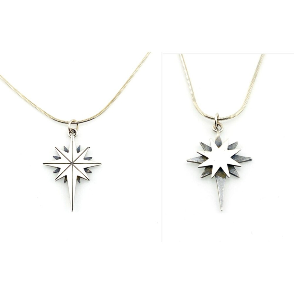 Vintage Sterling Silver North Star Pendant Necklace Double Sided Italy 17 In